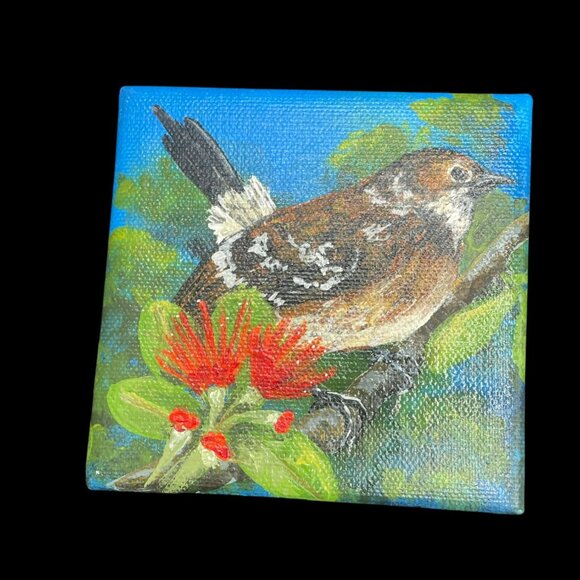 Original Bird Painting By L Peterson 4x4 Canvas Nature Scene With Red Flowers & - Picture 4 of 13